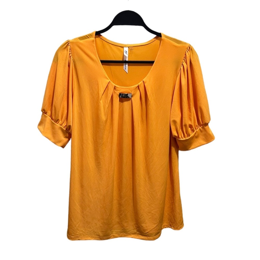 NY Collection Womens Size M Orange Balloon Sleeve Pleated Scoop Neck Top NEW
